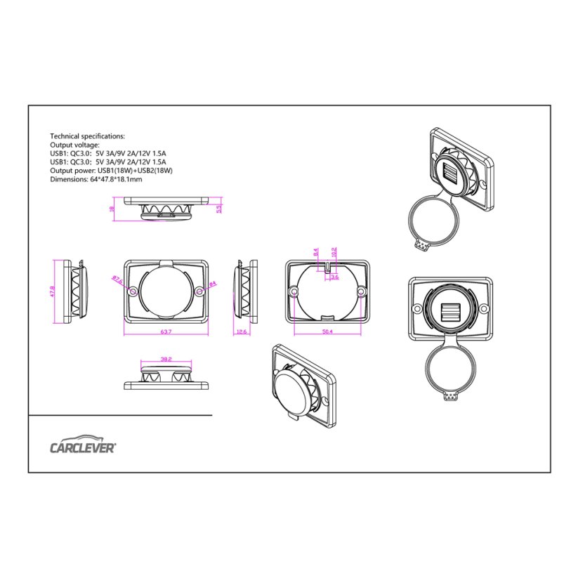 2x zásuvka USB QC3.0 12/24V, povrchová montáž