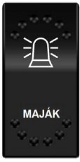 Pohled na spínač ROCKER kolébkový hranatý s červeně podsvíceným symbolem majáku a nápisem MAJÁK
