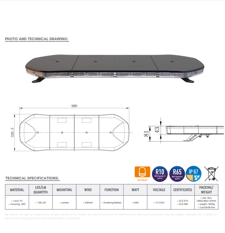 LED rampa 980 mm, oranžová, 12/24 V, ECE R65