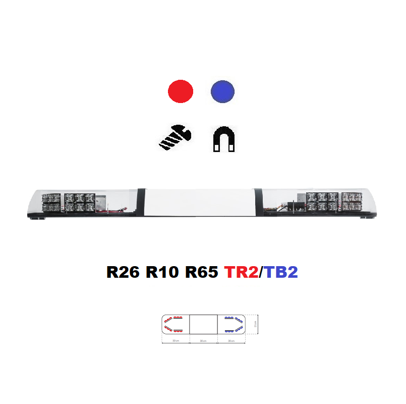 LED lightbar Optima 90/2P 90cm blue / red, white center, ECE R65 - Color: Blue/red, Lens: Transparent, LED modules: 8ml