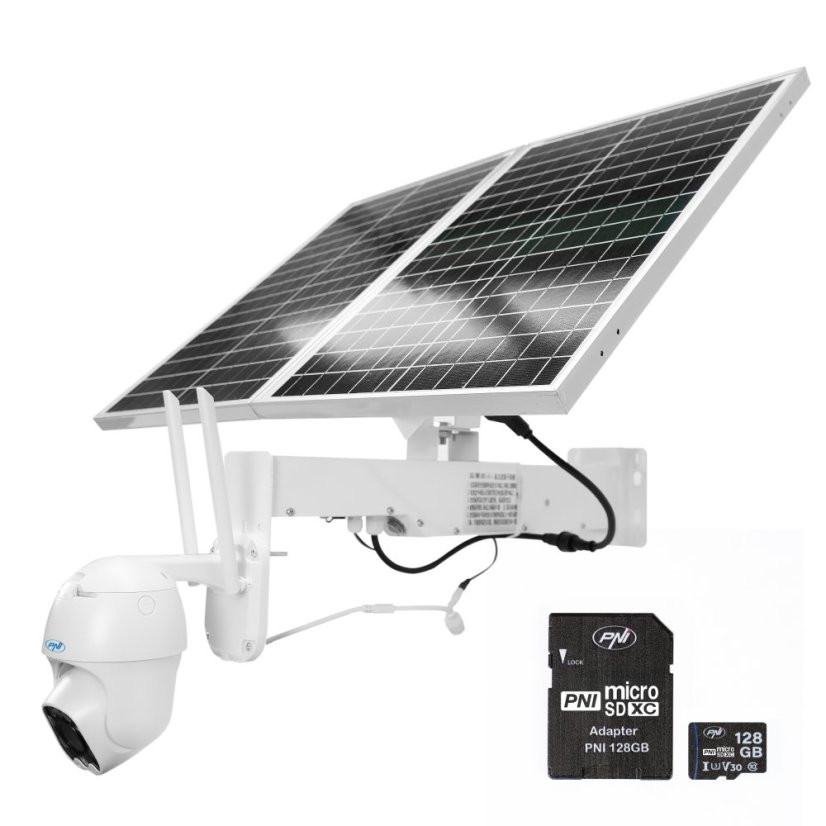 Sada kamerového systému PNI IP60 pro živý PTZ dohled se solárním panelem, 2MP, GSM 4G a kartou PNI MicroSD 128GB