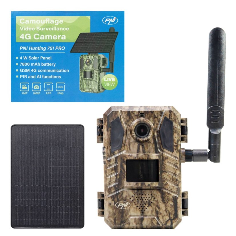 PNI Hunting 751 PRO Camouflage Video Camera, 16MP, 4G LTE, Night Vision, Battery, Solar Panel, Invisible LEDs for Animals, IP66