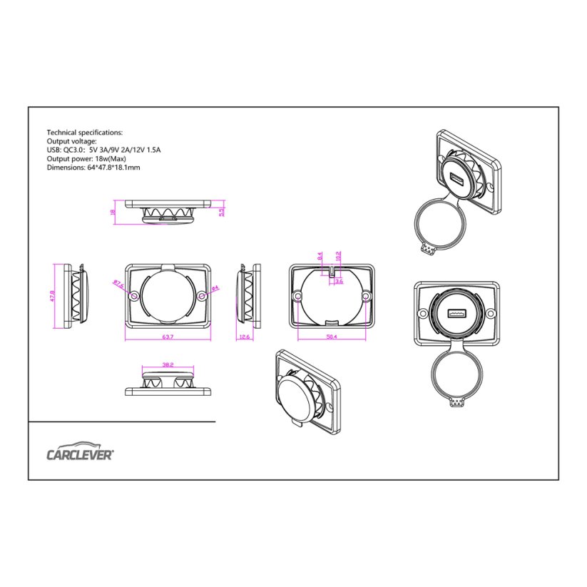 1x zásuvka USB QC3.0 12/24V, povrchová montáž