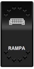 Pohled na spínač ROCKER kolébkový hranatý s červeně podsvíceným symbolem rampy a nápisem RAMPA