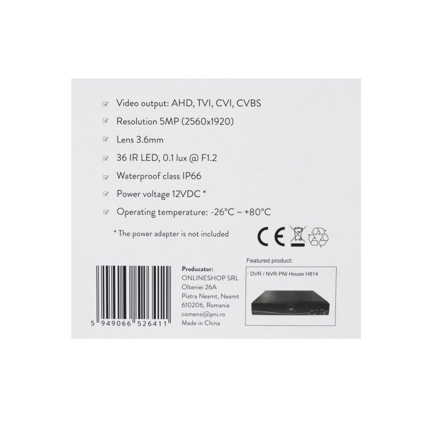 Video monitorovací kamera  5MP, dome, 3,6mm objektiv, 36 IR LED, venkovní nebo vnitřní