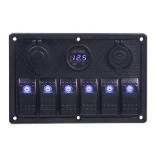 Panel so 6x kolískovými spínačmi, voltmetrom, CL + USB zásuvkou, 12/24V
