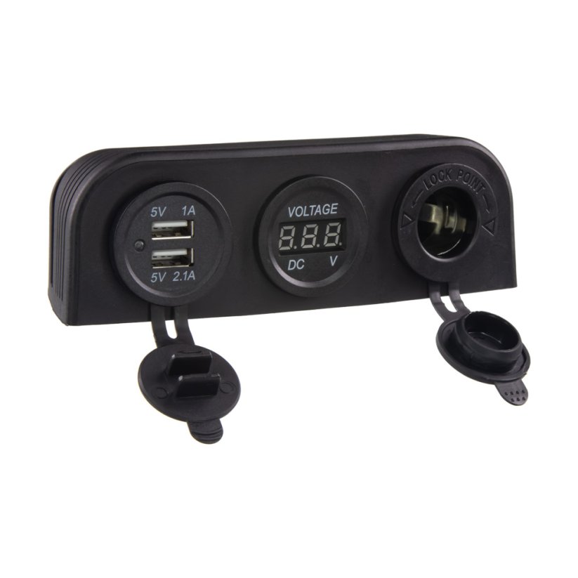 Trojitá zásuvka s CL panelom, voltmeter, 2x USB nabíjačka