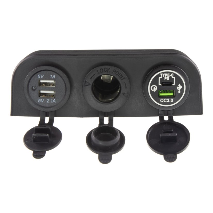 Trojitá zásuvka s panelem CL, 3x USB-A + 1x USB-C nabíječka