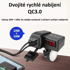 2x USB nabíjačka s voltmetrom na motocykel, zelený displej