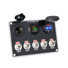 Panel with 5x switches + 2x USB/Voltmeter and CL socket, 12/24V