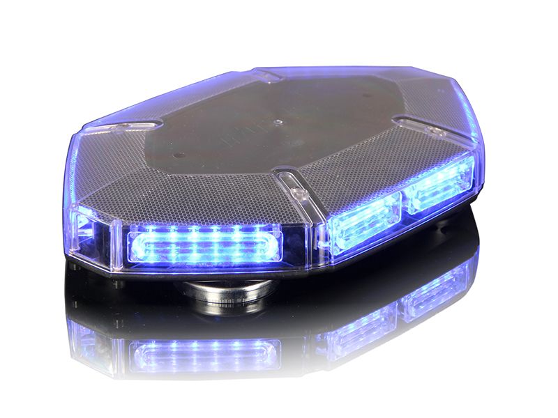 View of a working blue LED lightbar mini raptor911blu by 911Signal