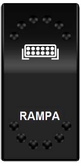 Pohľad na spínač ROCKER kolískový hranatý s červeno podsvieteným symbolom rampy a nápisom RAMPA