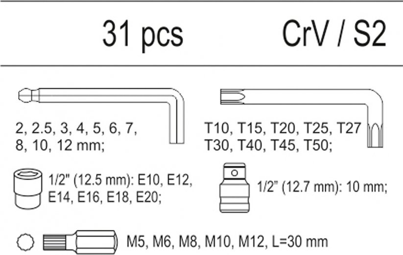 Drawer insert - set of Allen, Torx, bits 31pcs