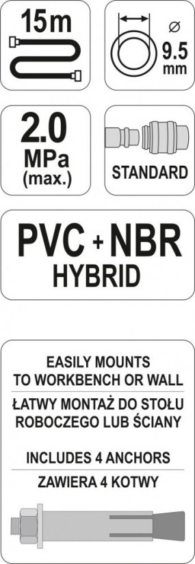 Naviják se vzduchovou hadicí PVC+NBR 9,5mm, 15m