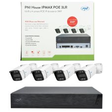 PNI House IPMAX POE 3LR video surveillance kit, NVR with 4 POE ports and 10 in network, ONVIF and 4 cameras with IP 3MP, outdoor, Power over Ethernet, chip detection, motion detection, 4 cables, power