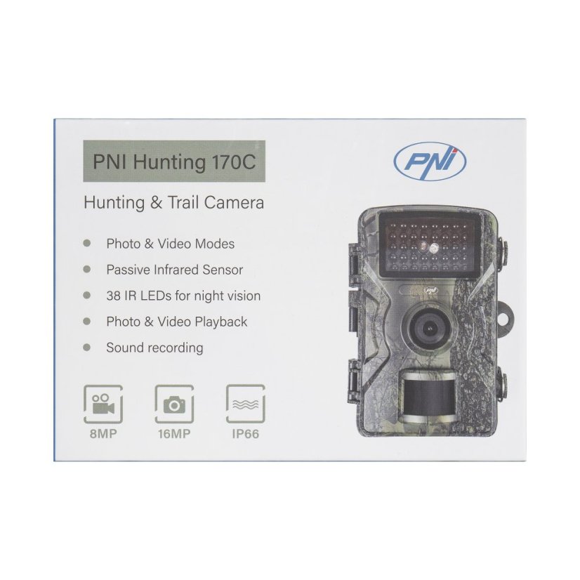 Lovecká kamera PNI Hunting 170C, foto 16 MP, video 4K, PIR 15 m, farebný displej, IP66, slot na micro SD kartu, zorné pole 120°, 38 LED diód