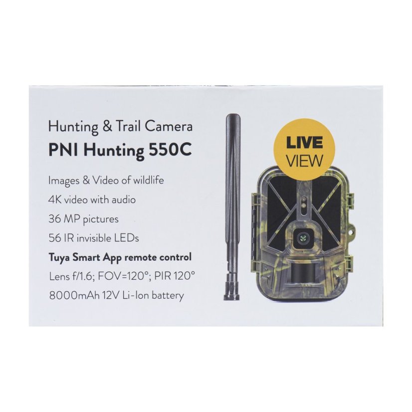PNI Hunting 550C Game Camera with 4G LTE Internet Connectivity, including an 8000 mAh rechargeable battery
