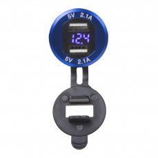 2x USB charger with voltmeter, aluminium panel, blue