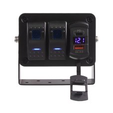 Panel with 2x Rocker switches, voltmeter + USB/USB-C socket, 12/24V