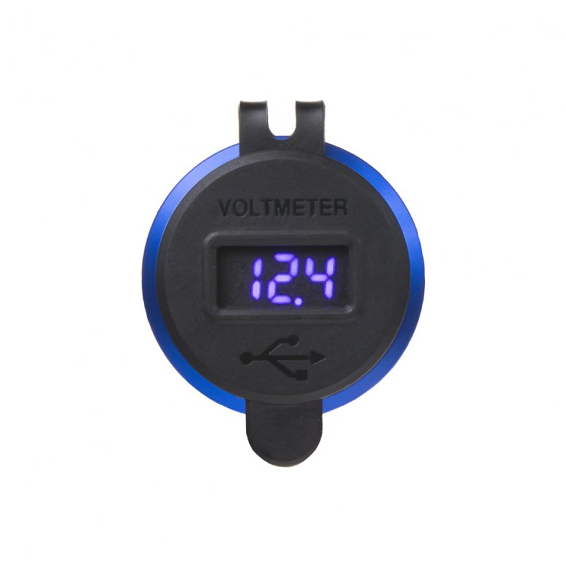 2x USB charger with voltmeter, aluminium panel, blue