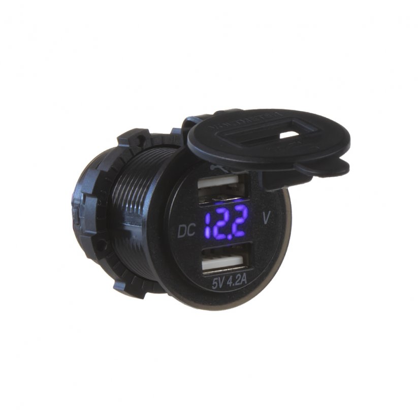 2x USB charger with voltmeter waterproof in panel, blue