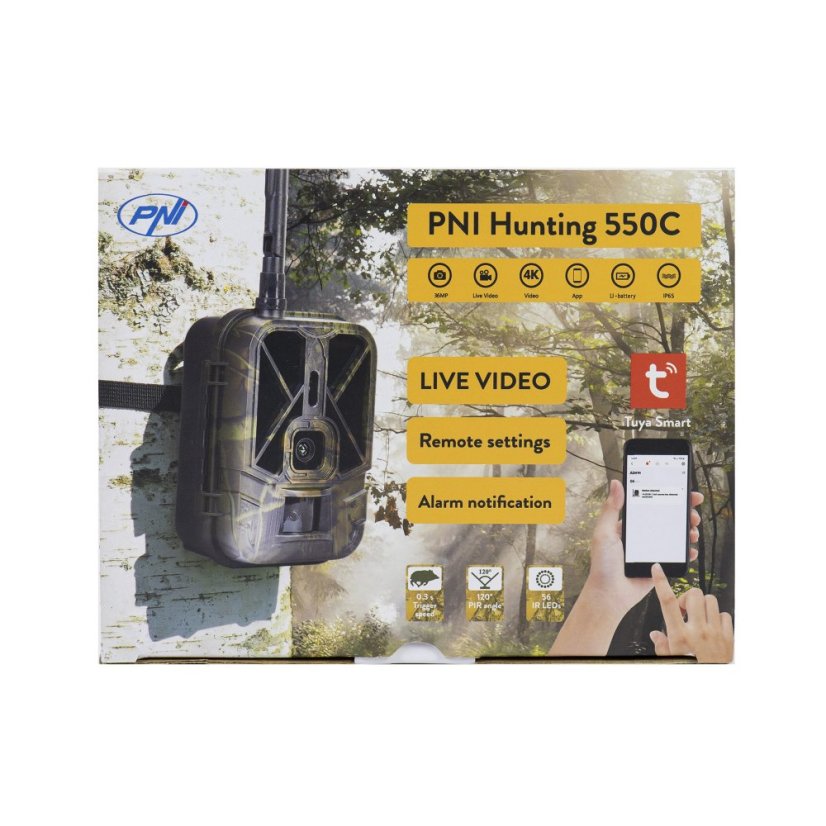 PNI Hunting 550C Game Camera with 4G LTE Internet Connectivity, including an 8000 mAh rechargeable battery