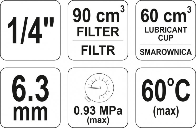 Regulátor tlaku vzduchu 1/4", max. 0,93MPa, s filtrem (90ccm) a přimazáváním (60ccm)
