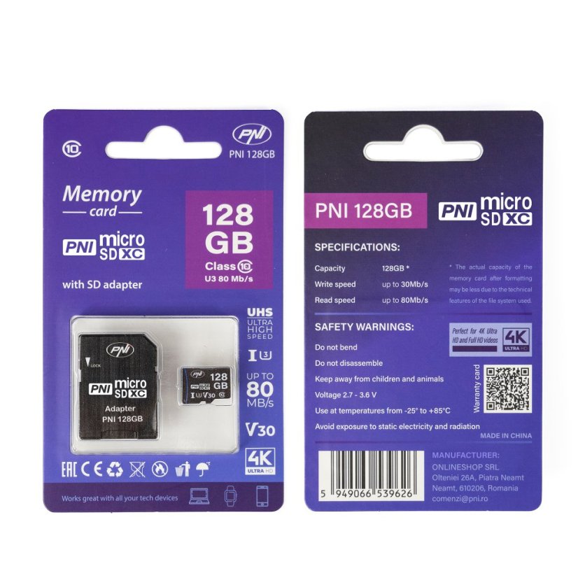 Pamäťová karta MicroSD PNI 128 GB s adaptérom SD, trieda 10, 80 Mb/s, V30