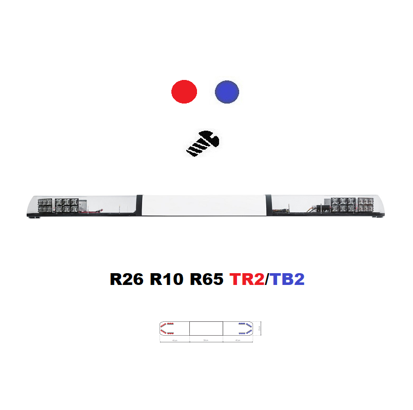 LED lightbar Optima 90/2P 140cm blue / red, white center, ECE R65 - Color: Blue/red, Lens: Transparent, LED modules: 8ml