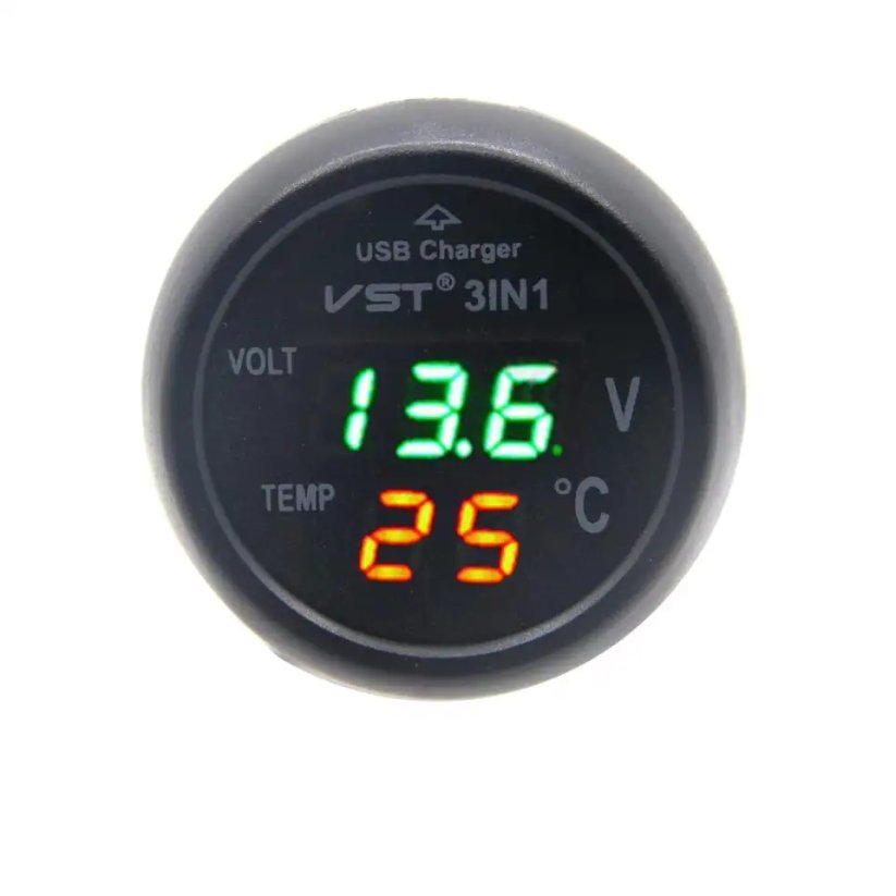 Digitálny voltmeter s teplomerom + USB nabíjačka pre CL zásuvku, 12-24V