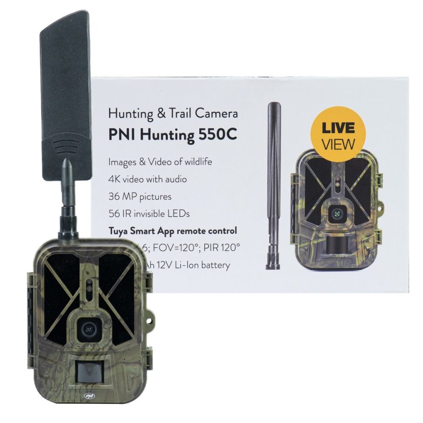 PNI Hunting 550C Game Camera with 4G LTE Internet Connectivity, including an 8000 mAh rechargeable battery