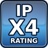 Produkt je odolný voči striekajúcej vode zo všetkých smerov (typicky dážď); ochrana proti prachu nie je uvedená („X“ znamená, že sa nehodnotí).