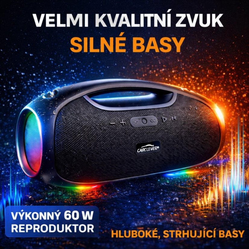 CARCLEVER bezdrátový Bluetooth reproduktor 120 W, IPX6, USB, AUX, MIC, RGB